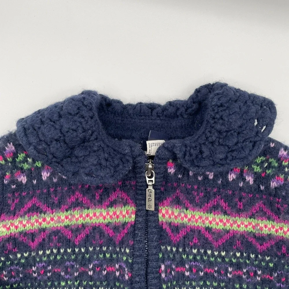 Vtg Y2k Baby Gap Toddler Girls Fair Isle Wool Blend Zip Up Sweater Navy Pink 4T